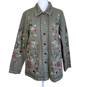 Denim&Co Sz M Vtg Floral Embroidered Button-front Jacket Green Mulicolor Cotton